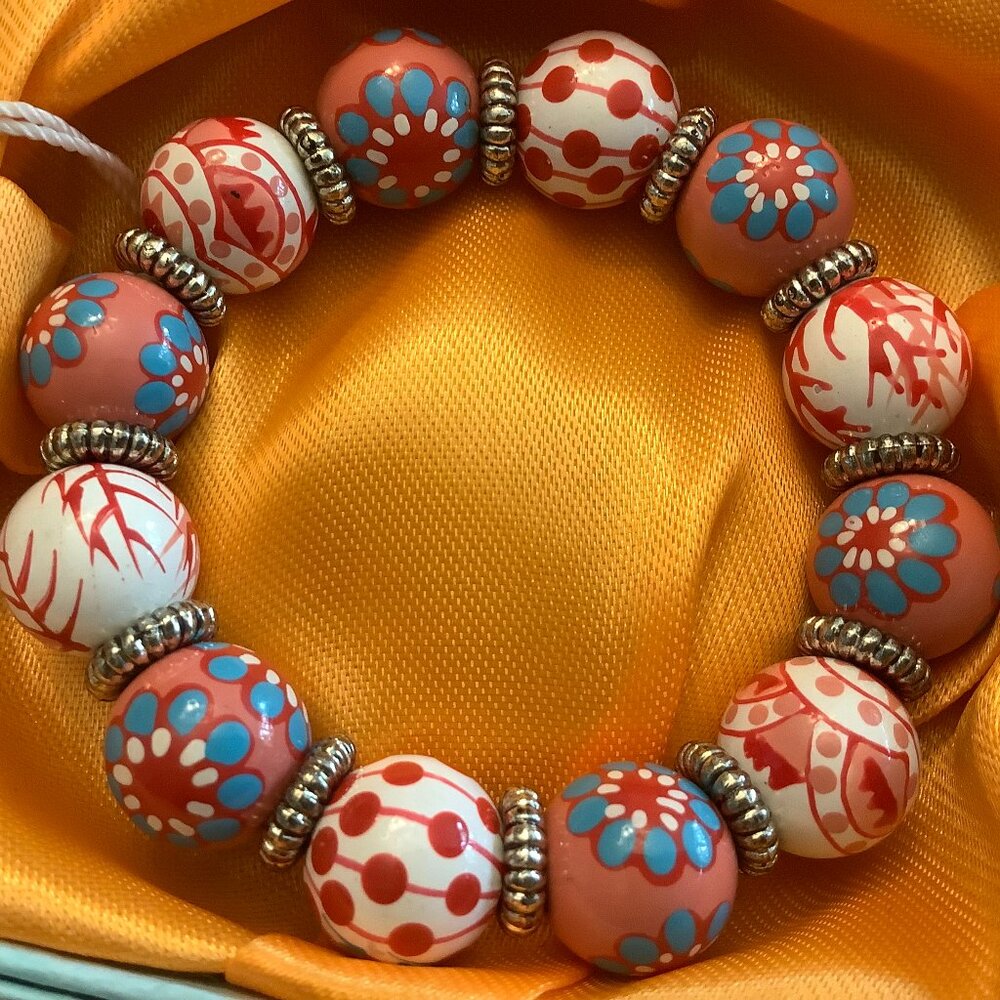 NWOT Angela Moore hand painted coral white red blue Bracelet $65